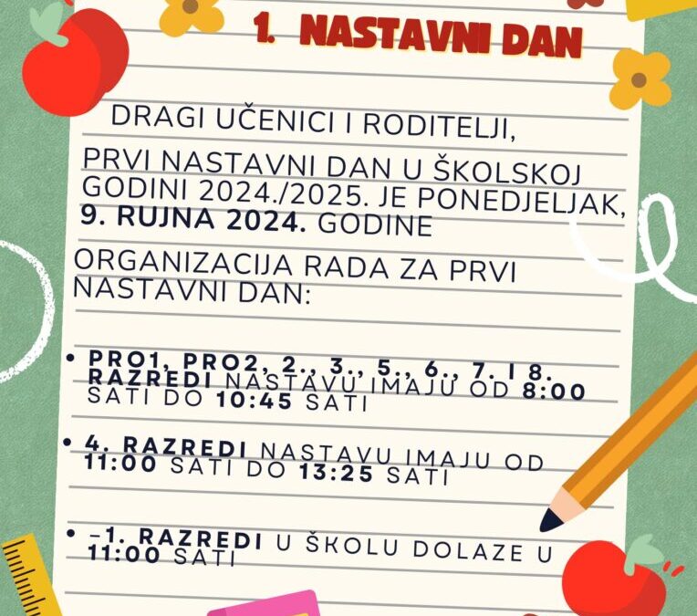 Organizacija rada za prvi nastavni dan, 9. rujna 2024. godine